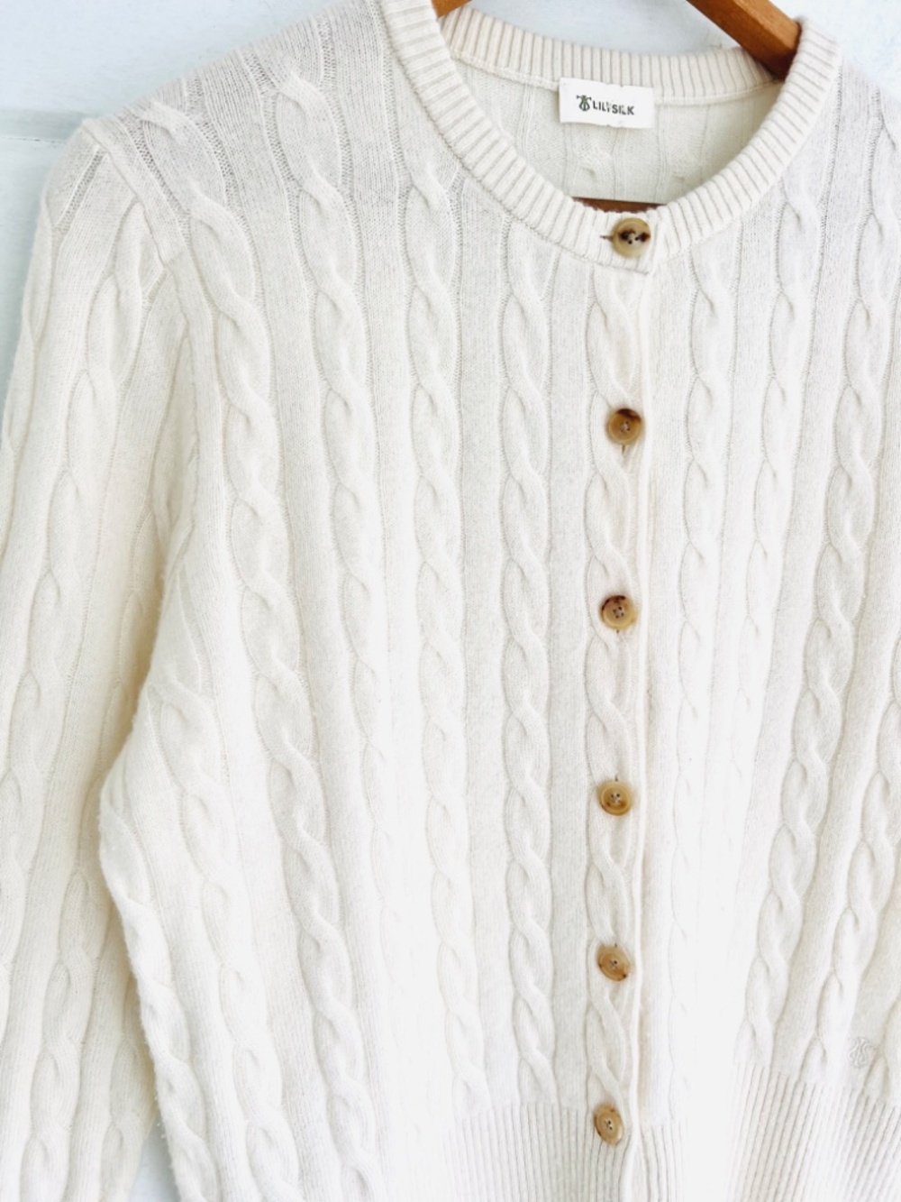 LILYSILK 100% Baby Cashmere Cable Knit Button Cardigan in Ivory - S - Picture 4 of 13